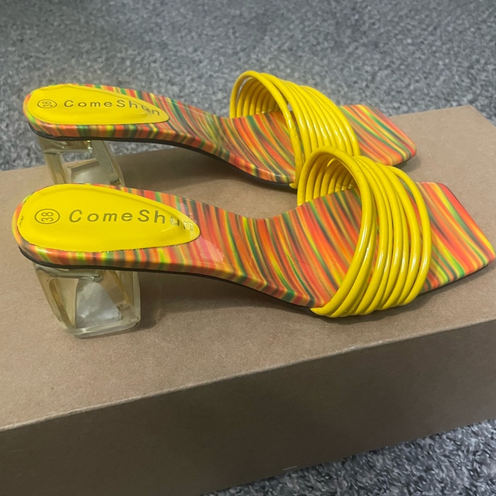 Colorful Low Block Glass Heel Square Toe Mule Shoes